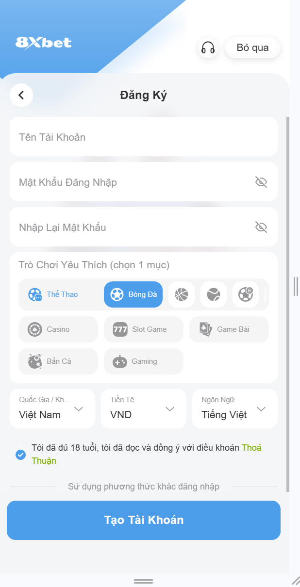 8XBET Biểu mẫu đăng ký tài khoản nhà cái 8xbet